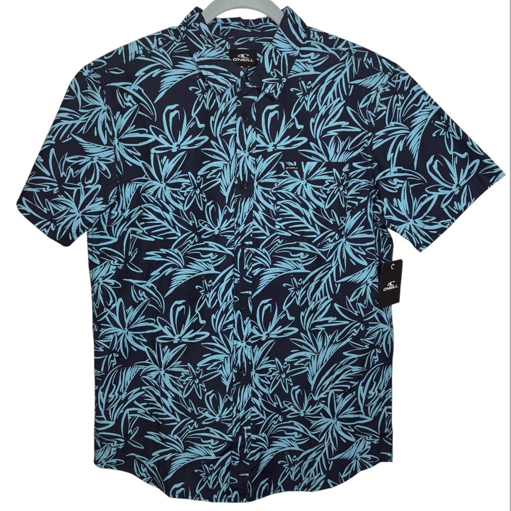 O’Neill Mens Shirt Tropical Print Shoreside Short Sleeve Button Down Blue Medium